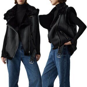 House Of Harlow 1960 Moto Faux Fur + Faux Leather Vest (Black)